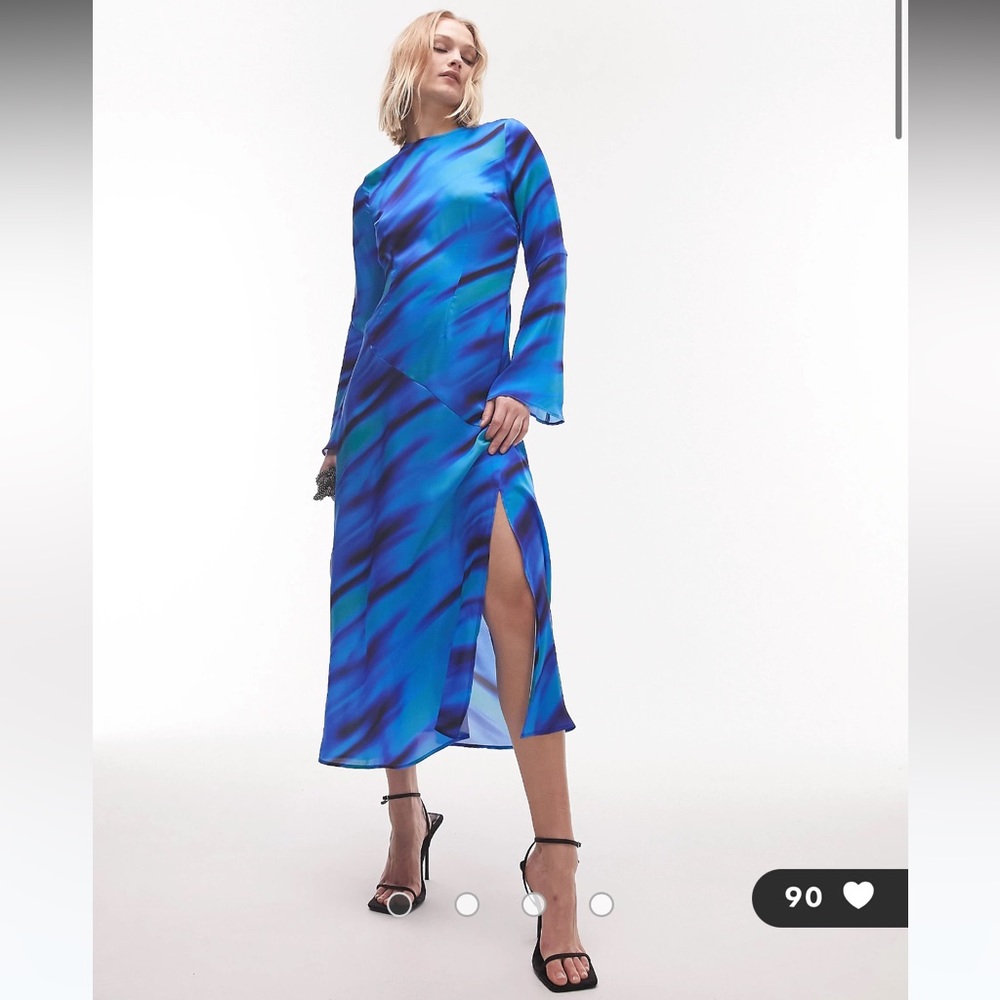 Topshop long sleeve seam detail maxi occasion dress in abstract blue print